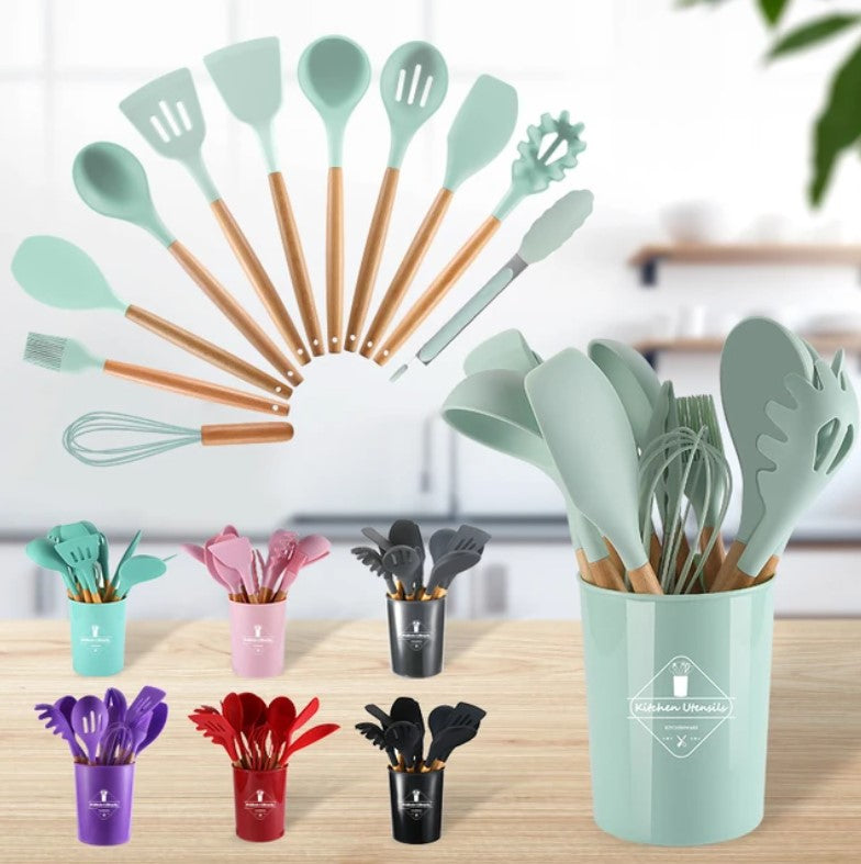 (Imported Set) 12 Pcs Silicone Cooking Utensils Kitchen Utensil Set | Heat Resistant Kitchen Non toxic Spatula Set with Turner Tongs,Spoon,Brush,Whisk-Wooden Handle - Random Color