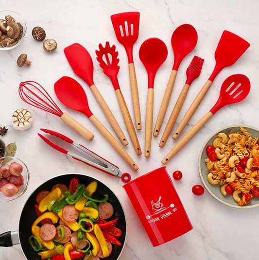 (Imported Set) 12 Pcs Silicone Cooking Utensils Kitchen Utensil Set | Heat Resistant Kitchen Non toxic Spatula Set with Turner Tongs,Spoon,Brush,Whisk-Wooden Handle - Random Color